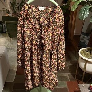 Aura Black Floral Long Sleeve Ruffle Dress
